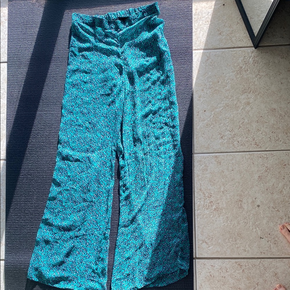 Teal Patterned flared Wide-Leg Pants, poolside casual, see-thru